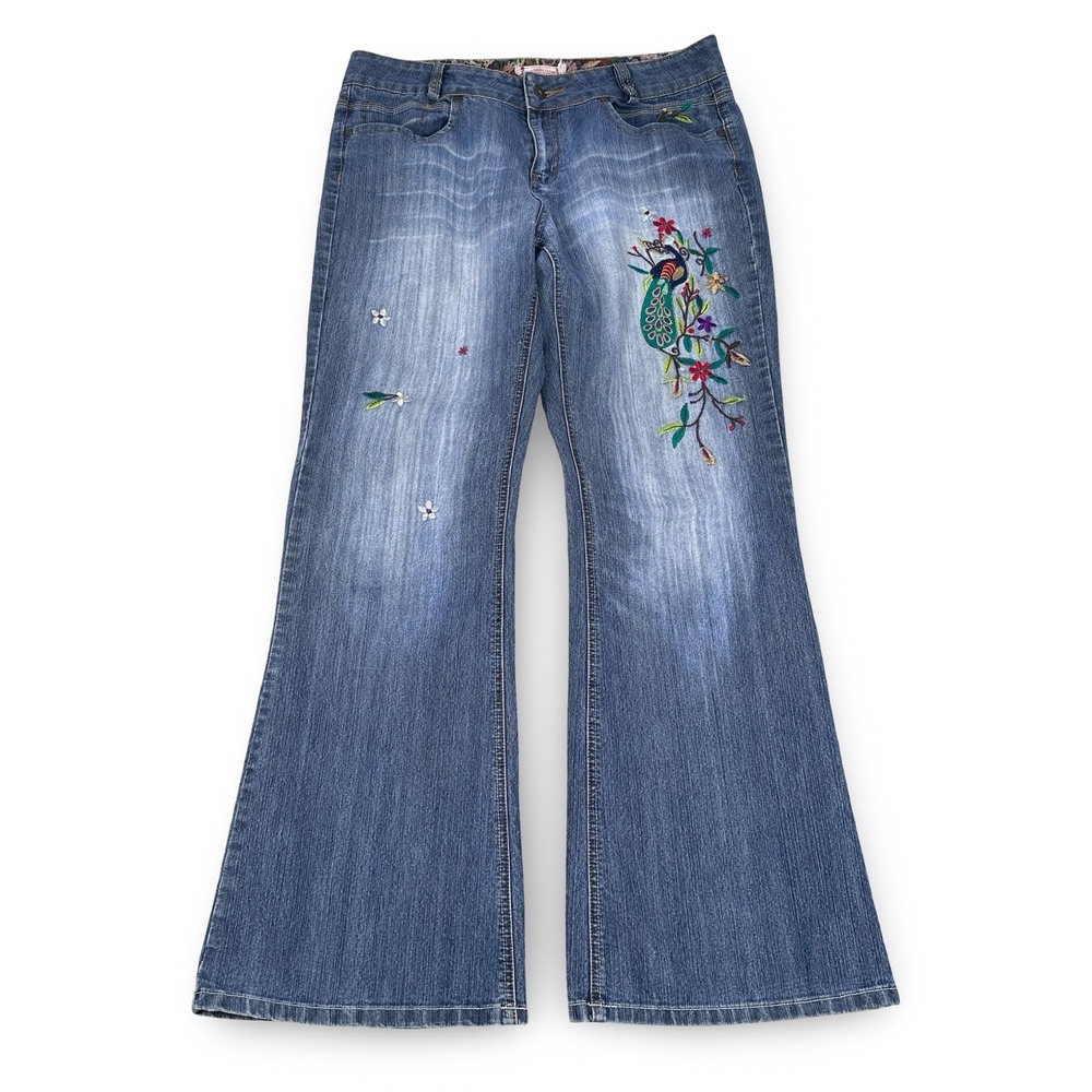 Leo Roma Jeans Blue Embroidered Peacock Floral Flare‎ Denim Pants Size 13